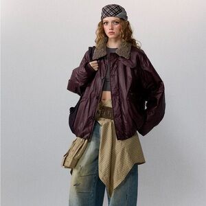 Women's Plum Puffer Jacket with Faux Fur Collar